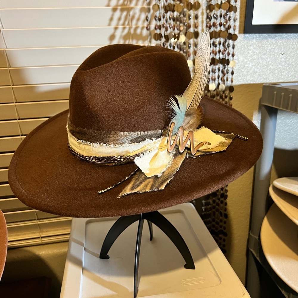 Brown Feathered Wide Brim Hat